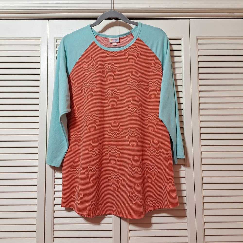 LuLaRoe Randy Disney Baseball Tee 3XL Orange Blue Wavy Stripe Raglan Top
